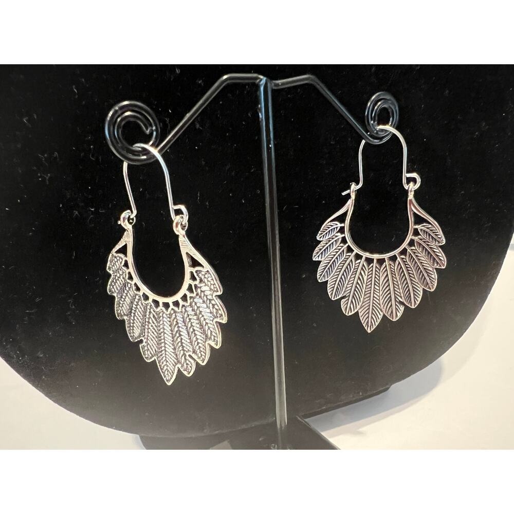 Antique Feather Hoop Earrings Women New Silver Gold Tone Bohemian Statement - Picture 5 of 7